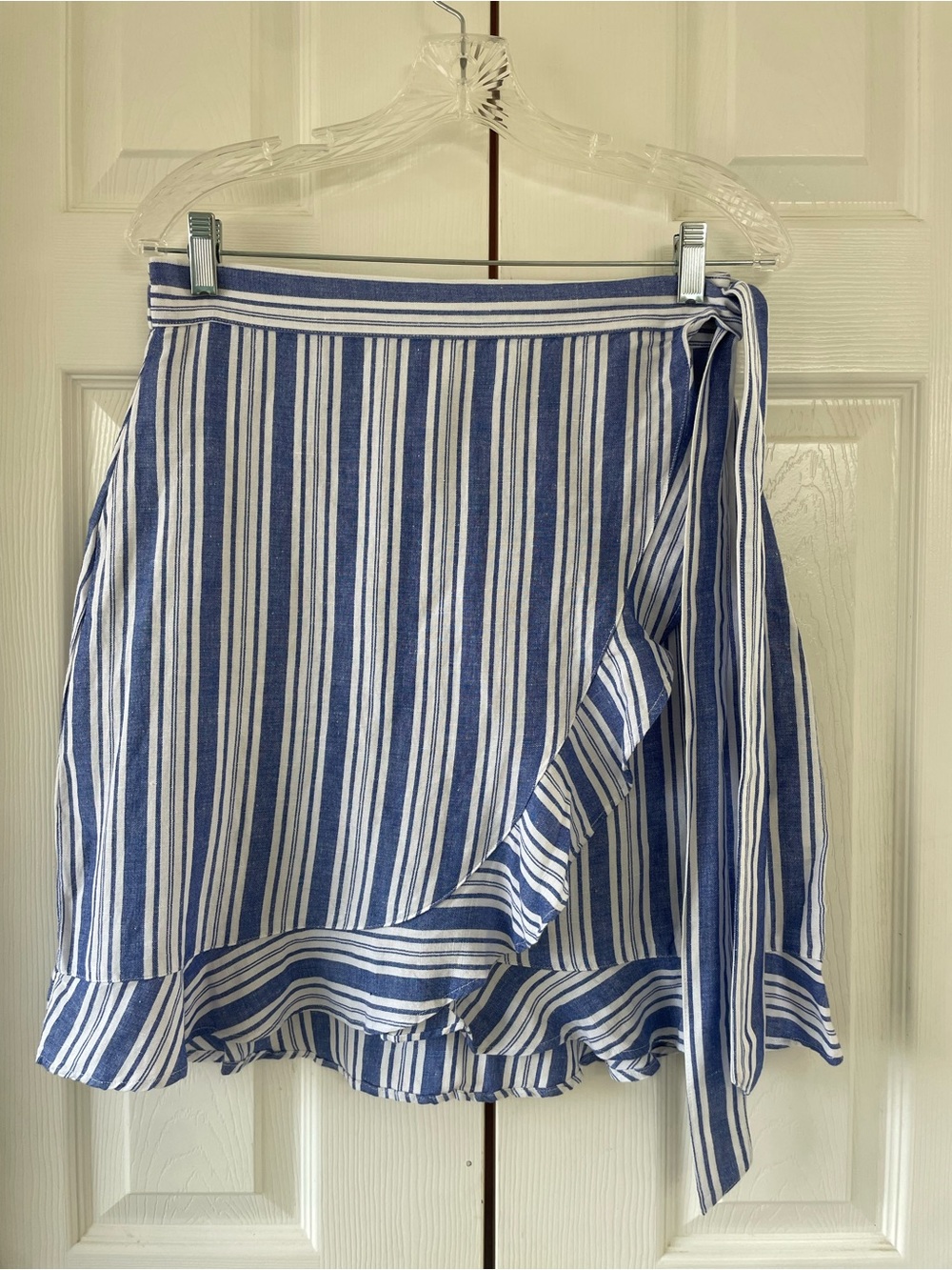 LOFT Blue White Coastal French Countryside Stripe Faux Wrap Ruffle Mini Skirt 4